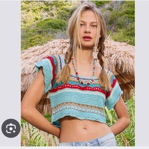 Pol Multicolor Crochet Crop Top Colorful Knit Cropped Short-Sleeve Top T-Shirt